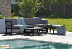 Salon De Jardin En Aluminium Barcelona : 1 Table + 2 Canapés + 1 Pouf -Solid || Mikado || Hevea Soldes Boutique salon de jardin barcelona aluminium noir