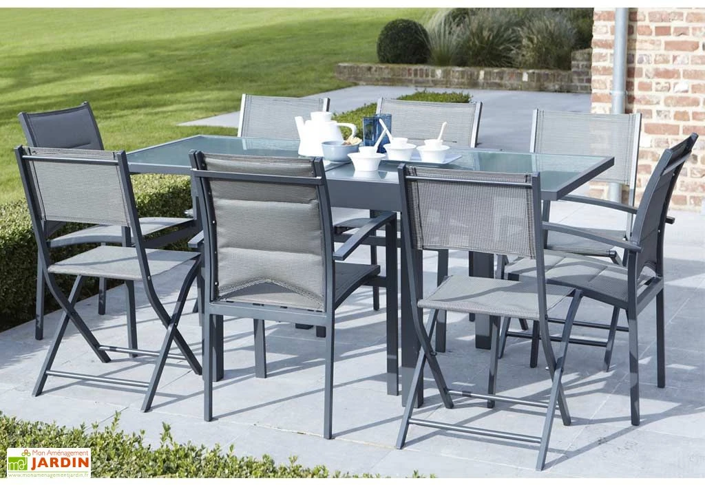 Salon De Jardin Modulo : Table Extensible + 4 Fauteuils + 4 Chaises Gris 2 Salon De Jardin Modulo : Table Extensible + 4 Fauteuils + 4 Chaises Gris – Image 2