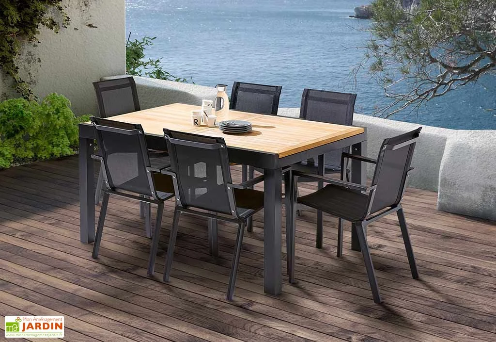 Salon De Jardin Bali Aluminium Et Teck : Table Extensible + 6 Fauteuils 2 Salon De Jardin Bali Aluminium Et Teck : Table Extensible + 6 Fauteuils – Image 2
